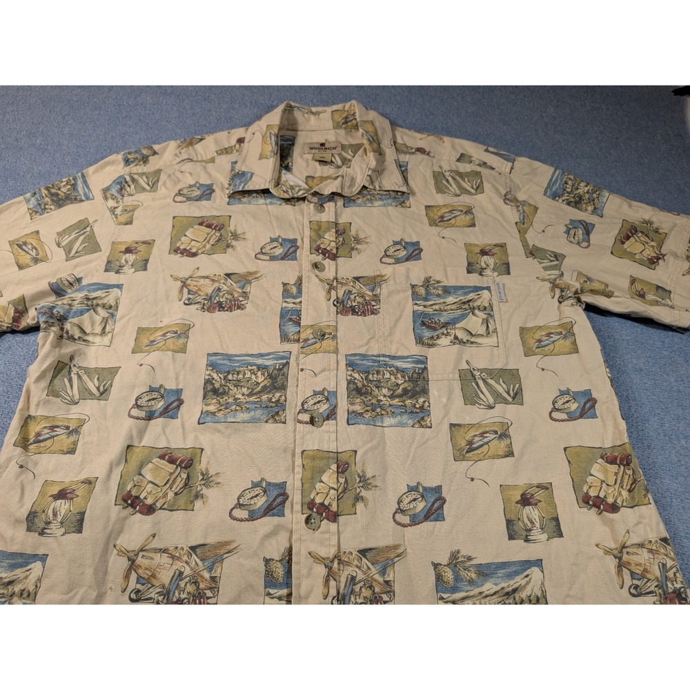 Woolrich Mens Large Stone Camping Elements All Over Print Cotton Button Up Shirt